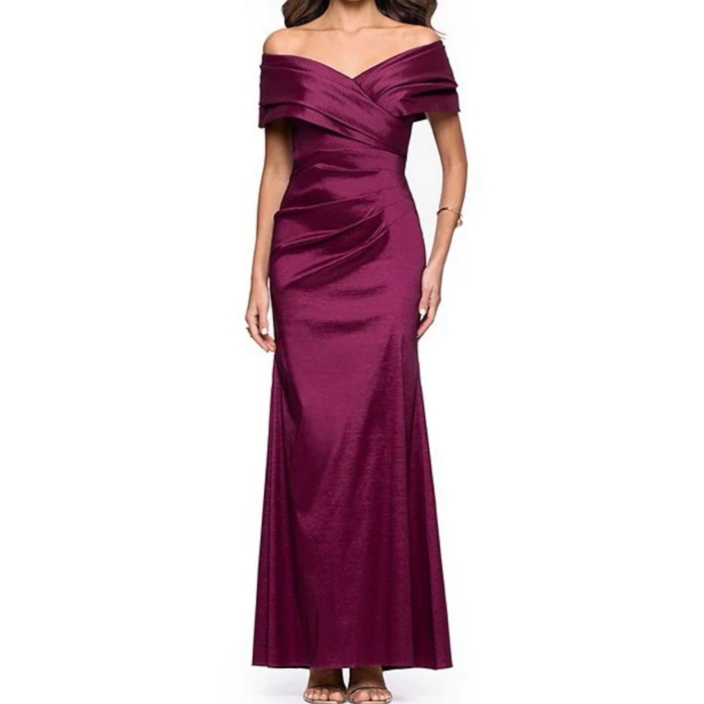 Off-Shoulder Satin Gown In Deep Plum Very Flattering